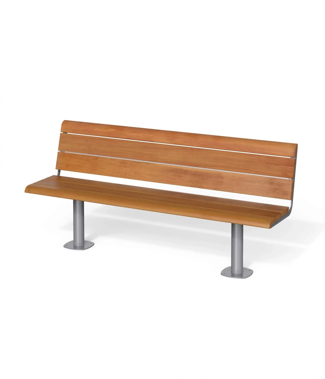 Alt-Text: Moderne Bank aus Holz mit metallenen Beinen, geeignet für den urbanen Raum.