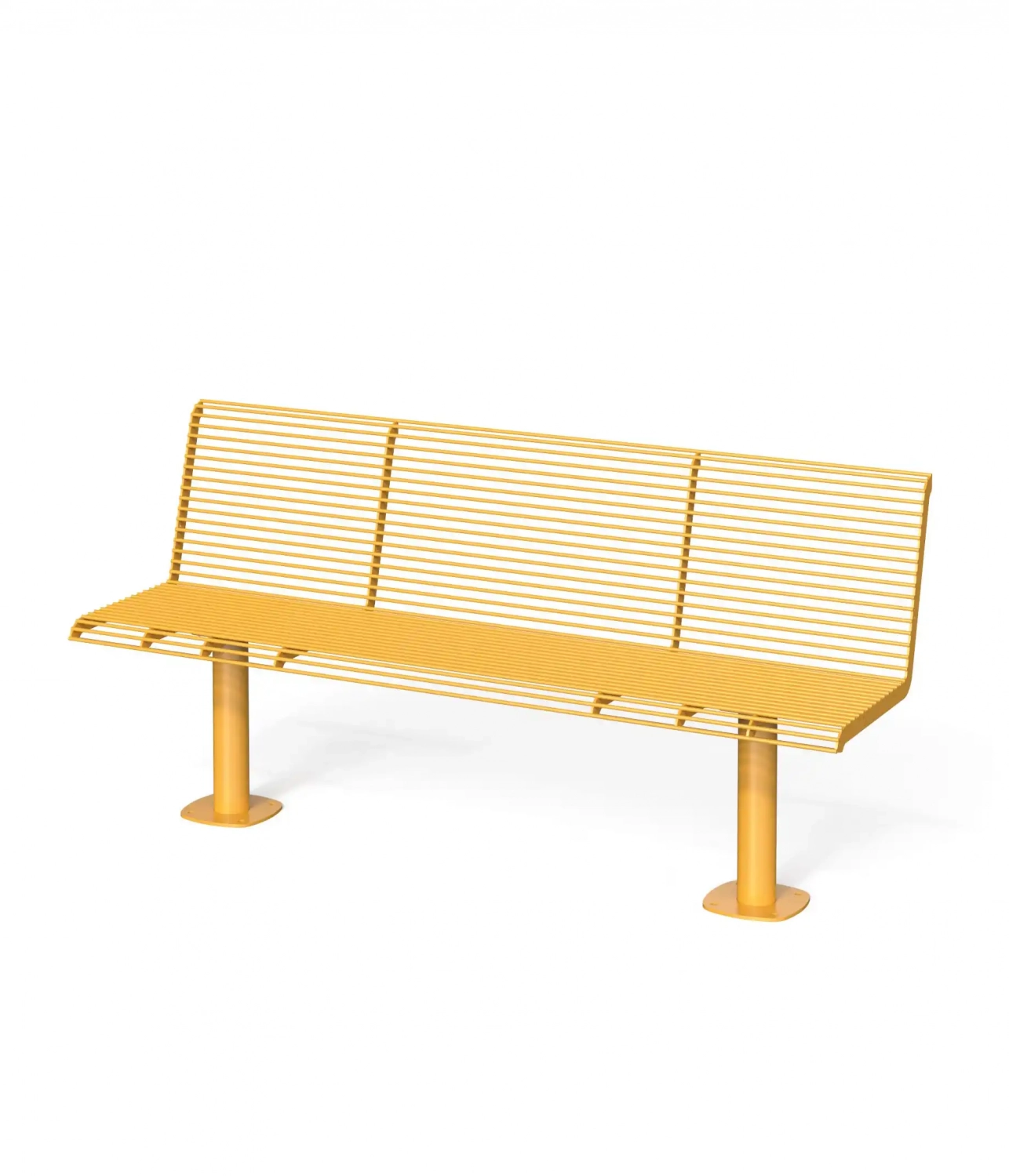 Alt-Text: Moderne, gelbe Parkbank mit einem minimalistischen Design aus horizontalen Streben. Ideal für urbane Räume.
