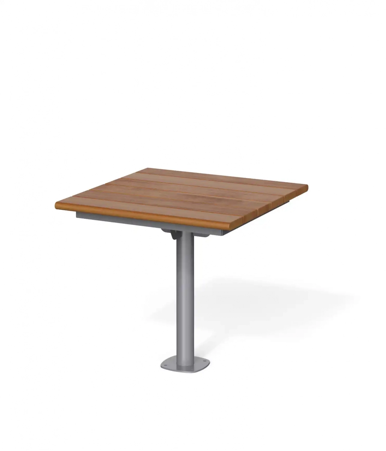 Alt-Text: Moderner Tisch mit Holzoberfläche und stabiler Metallbasis, ideal für öffentliche Sitzgruppen im urbanen Raum.