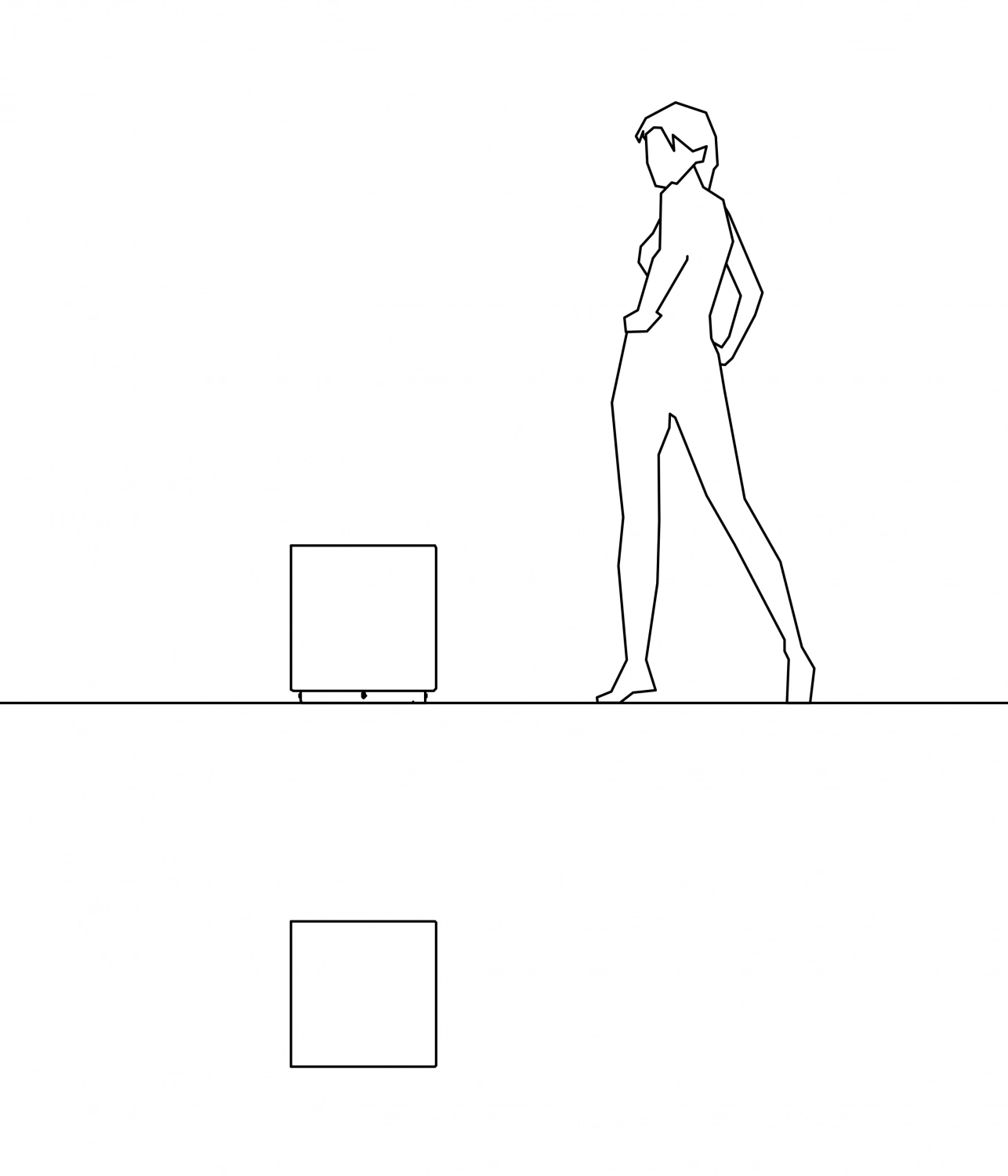 Alt-Text: Eine stilisierte Darstellung einer Person, die an einem Poller steht. Der Poller ist quadratisch und befindet sich auf einer Linie.