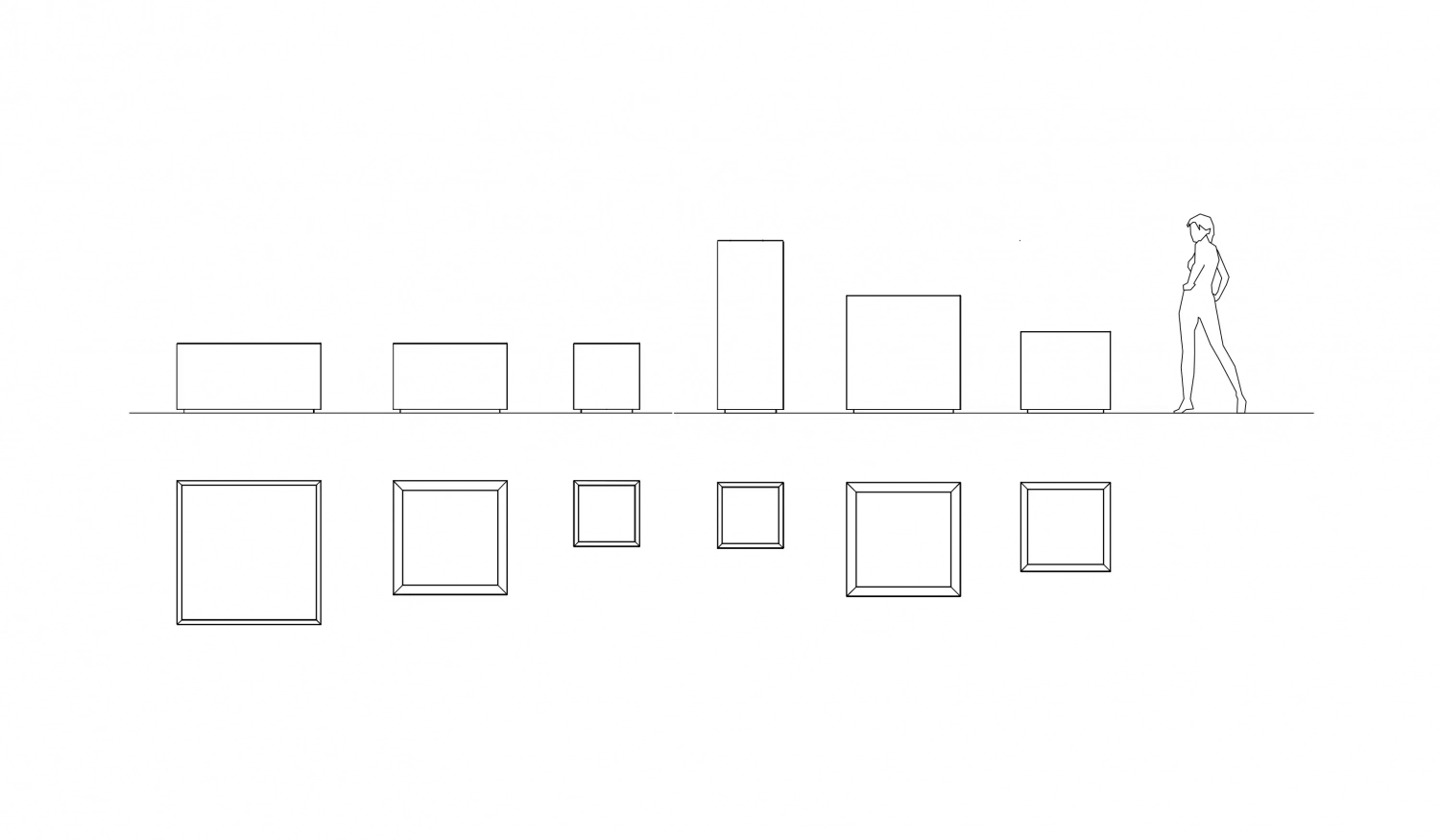Alt-Text: Illustration von verschiedenen Pflanzbehältern in unterschiedlichen Größen und Formen, mit einer menschlichen Silhouette zur Veranschaulichung der Proportionen.