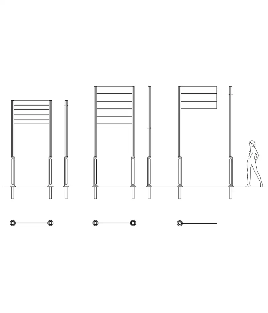 Alt-Text: Zeichnung von Hinweisschildern in verschiedenen Höhen, mit einer Person neben den Schildern zur Größenreferenz.