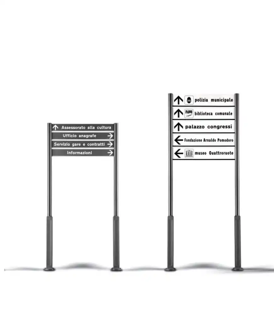 Alt-Text: Zwei Informationsschilder mit Richtungsangaben zu verschiedenen Institutionen, wie Polizei, Bibliothek und Kulturzentrum, auf einem neutralen Hintergrund.