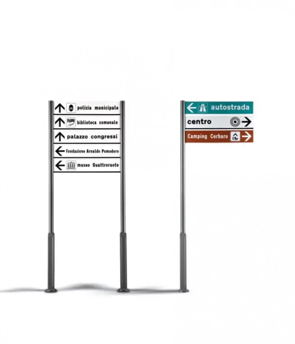 duplus-hinweistafel-06 Alt-Text: Mehrere Hinweisschilder mit Richtungsangaben für verschiedene Institutionen und Orte, darunter Polizei, Bibliothek, Kongresshaus und Campingplatz.