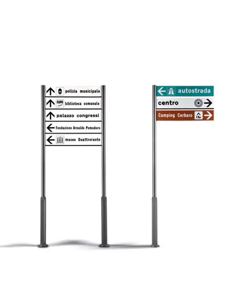 Alt-Text: Mehrere Hinweisschilder mit Richtungsangaben für verschiedene Institutionen und Orte, darunter Polizei, Bibliothek, Kongresshaus und Campingplatz.