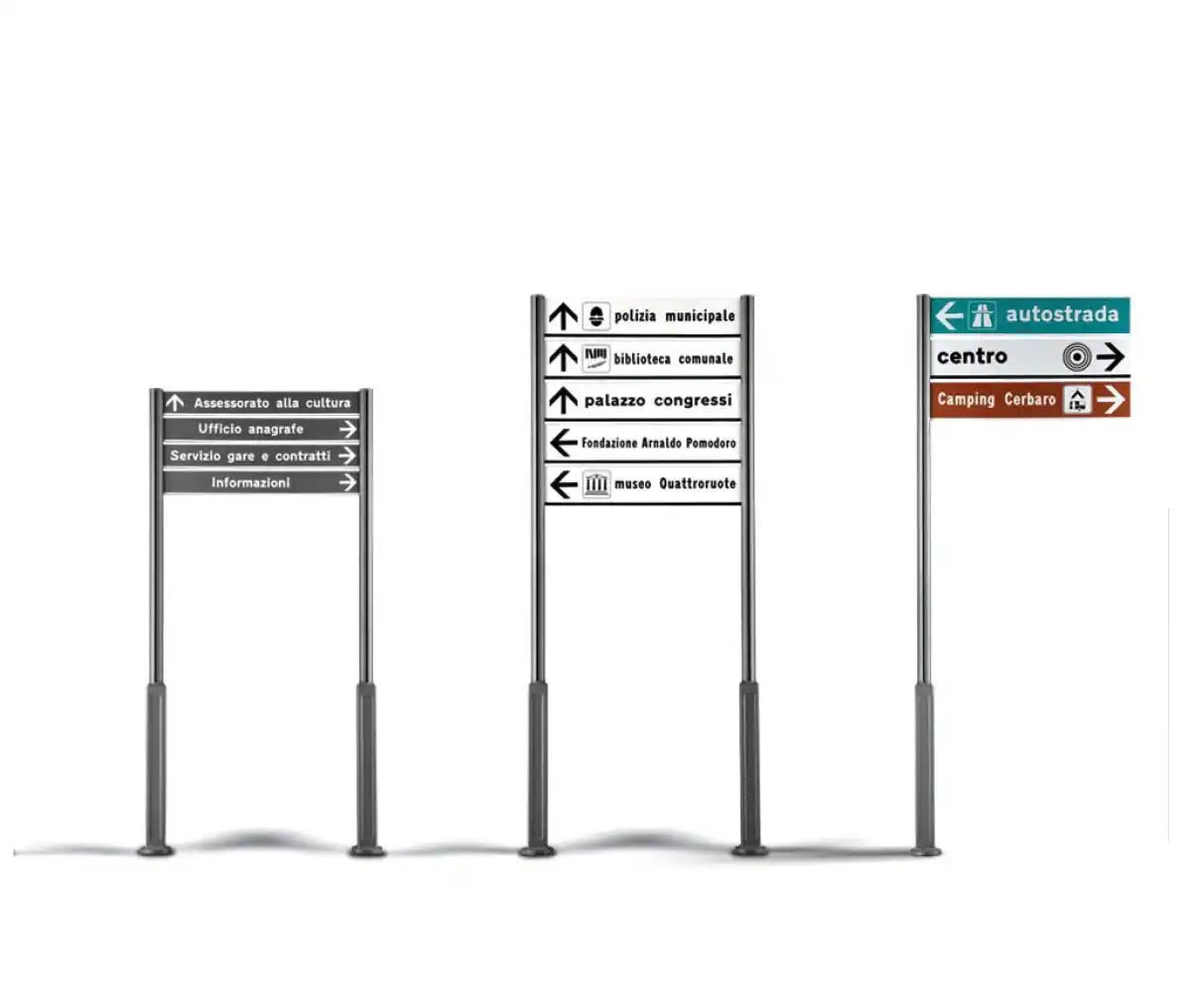 Alt-Text: Eine Reihe von Hinweisschildern mit verschiedenen Pfeilen, die auf lokale Einrichtungen wie Polizei, Bibliothek, Kongresszentrum und Autobahn weisen.