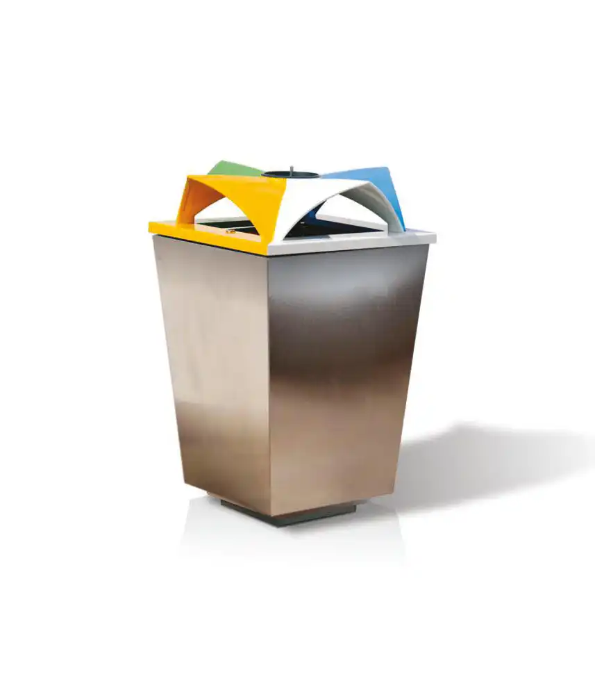 Moderner Abfallbehälter aus Edelstahl mit buntem, gewölbtem Deckel in den Farben Blau, Gelb, Grün und Weiß.