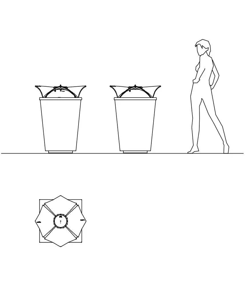 Strichzeichnung einer Person, die neben zwei Pflanzgefäßen steht. Unter der person steht eine schematische Draufsicht eines der Pflanzgefäße.