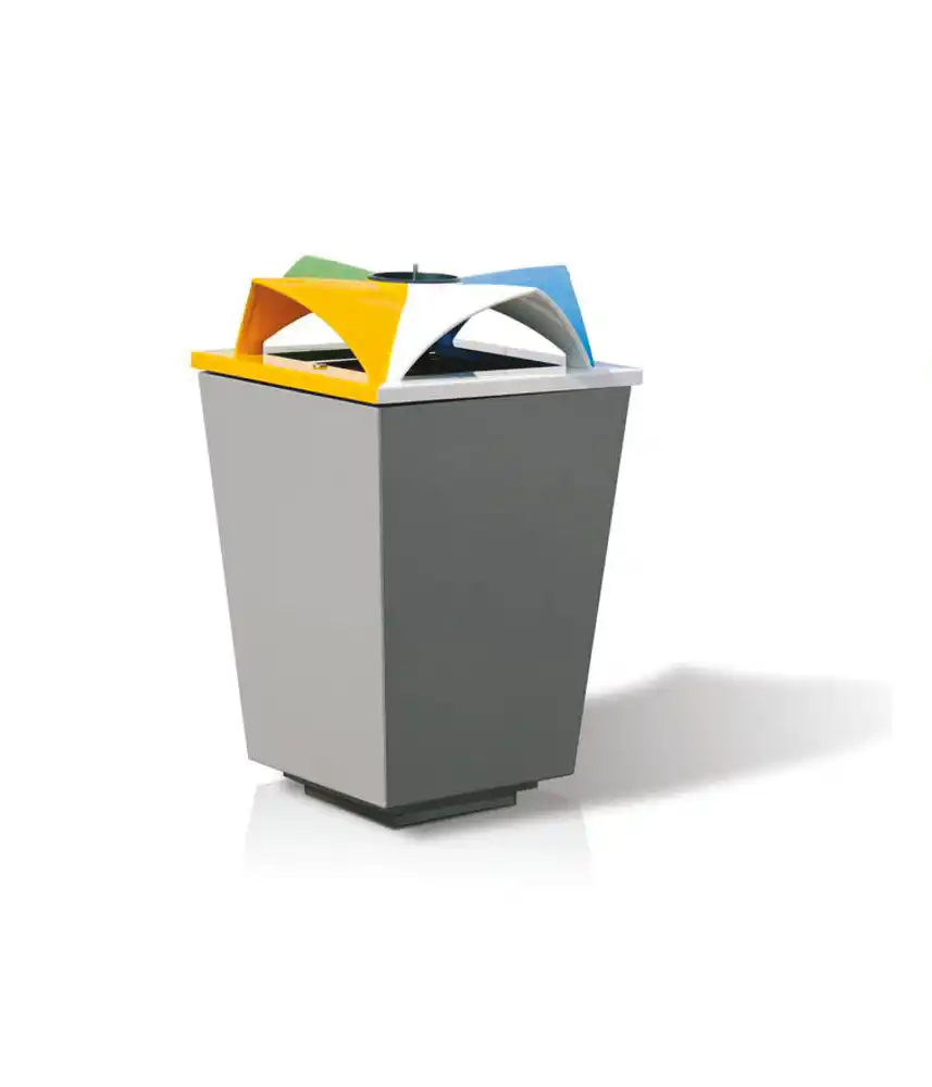 Moderner Abfallbehälter mit farbigen Deckeln für die Abfalltrennung in einem minimalistischen Design.