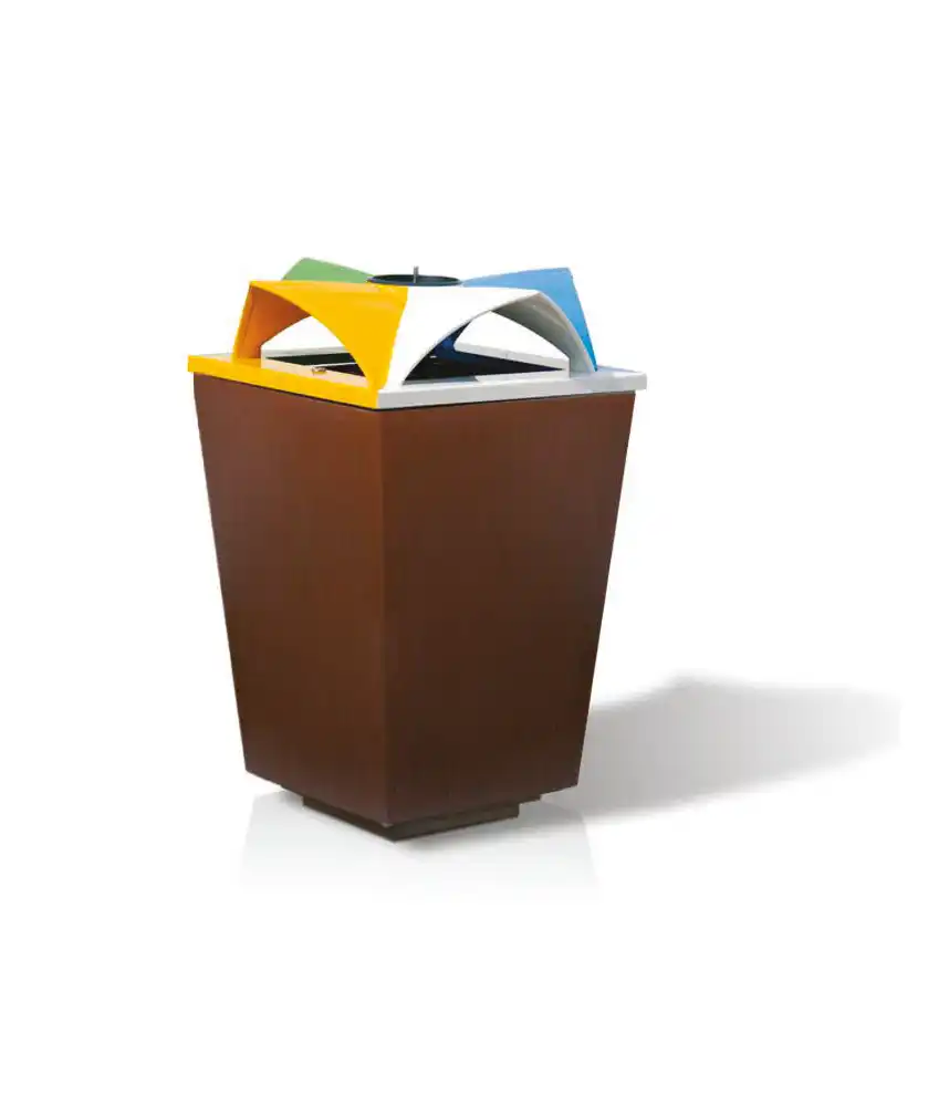 Abfallbehälter mit buntem Deckel, der verschiedene Recyclingoptionen symbolisiert. Der Behälter hat eine quadratische Form und ist im unteren Bereich braun.