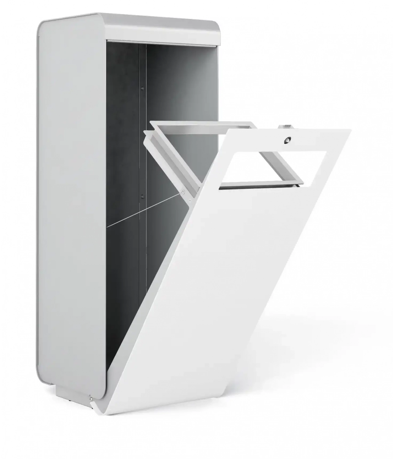 Ein moderner, silberner Abfalleimer mit einem herabhängenden weißen Deckel, der geöffnet ist. Die Innenseite ist sichtbar und zeigt den leeren Behälter.