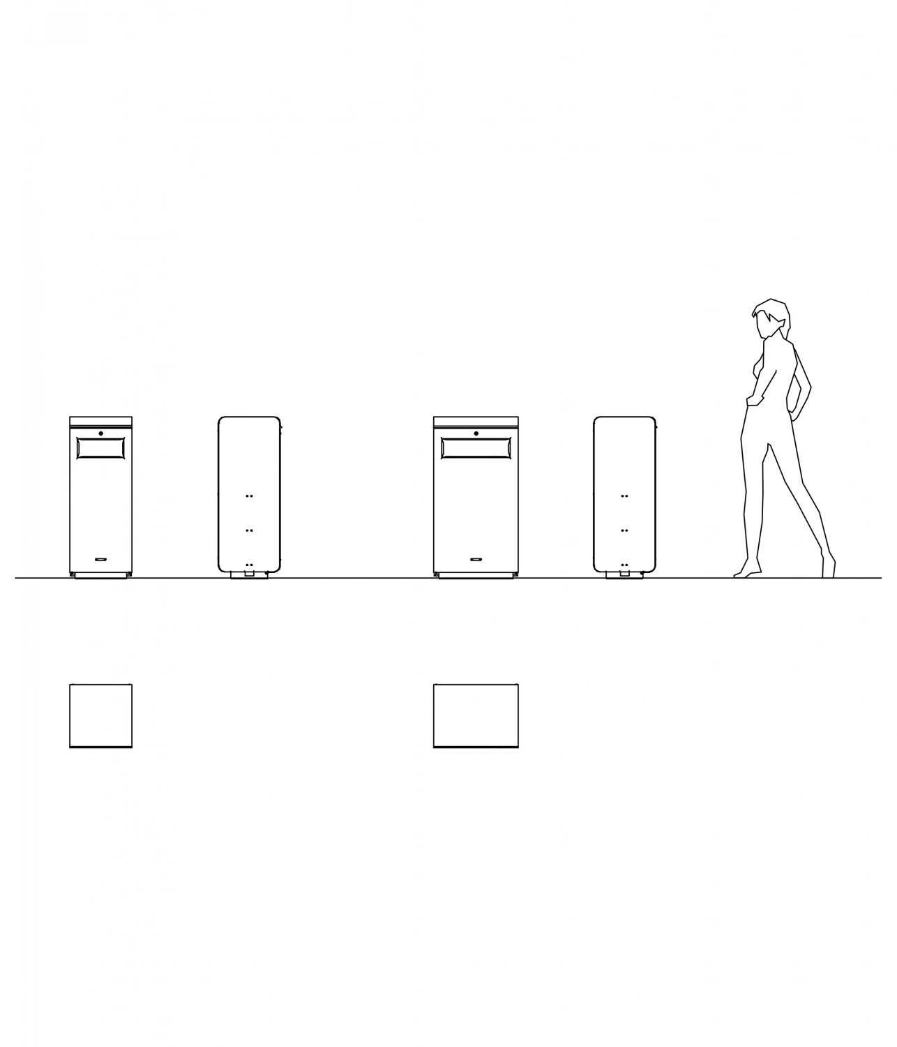 Ein minimalistisches Illustration von vier Abfallbehältern in einer Reihe, mit einer stehenden, silhouettenhaften Figur auf der rechten Seite, die die Behälter betrachtet.