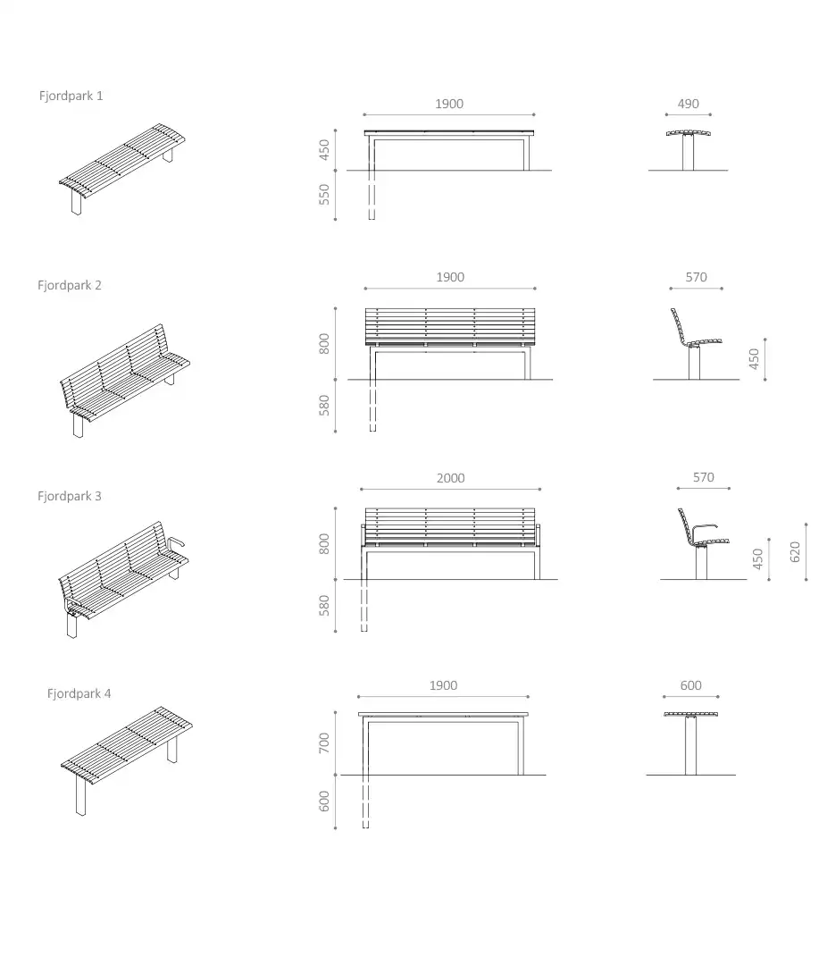 Alt-Text: Technische Zeichnungen von urbanen Einrichtungselementen, einschließlich Sitzgruppen, Grills und Trinkwasserbrunnen, mit Angaben zu Maßen.