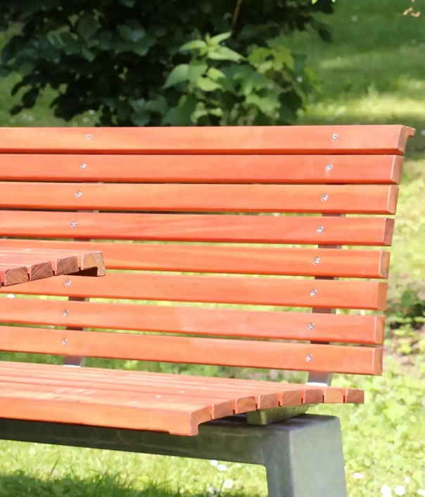 Alt-Text: Holzbank in einem urbanen Park, umgeben von grünen Pflanzen.