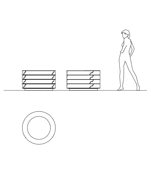 Alt-Text: Pflanzbehälter in verschiedenen Größen, dargestellt neben einer stilisierten menschlichen Figur zur Größenansicht.