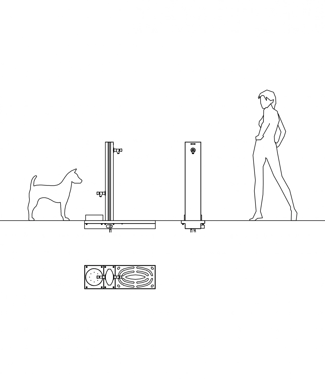 Alt-Text: Skizze von städtischen Einrichtungen wie Sitzgruppen, Trinkwasserbrunnen und einem Grill, wobei ein Hund und eine Person dargestellt sind.
