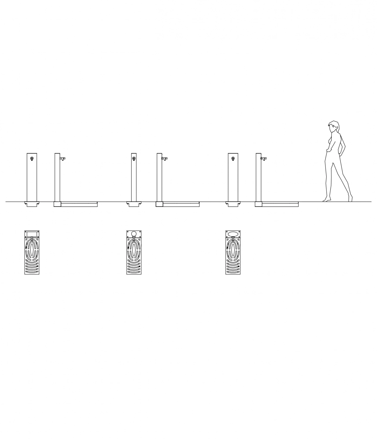 Alt-Text: Skizze urbaner Einrichtungen, darunter Sitzgruppen, Grills und Trinkwasserbrunnen, mit einer Person, die an einem Wasserbrunnen steht.