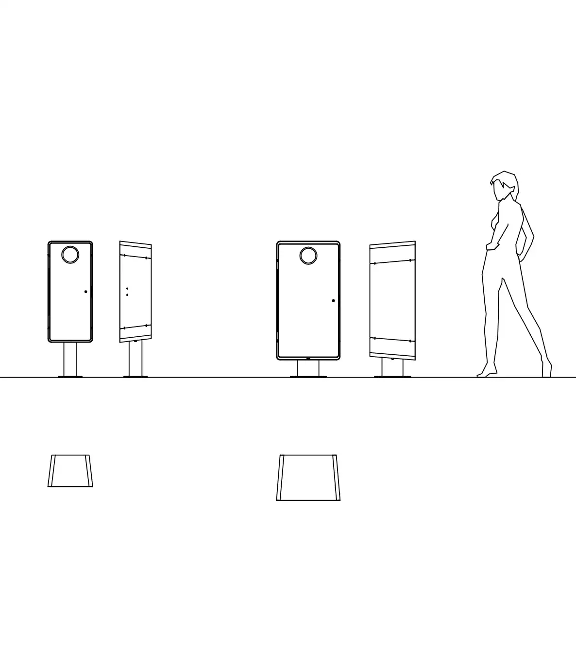 gemini-abfallbehaelter-03 Eine stilisierte Darstellung einer Person, die neben mehreren Abfallbehältern steht. Diese sind einfach und abstrakt gezeichnet, mit verschiedenen Öffnungen und Formen. Der Hintergrund ist minimalistisch und leer.