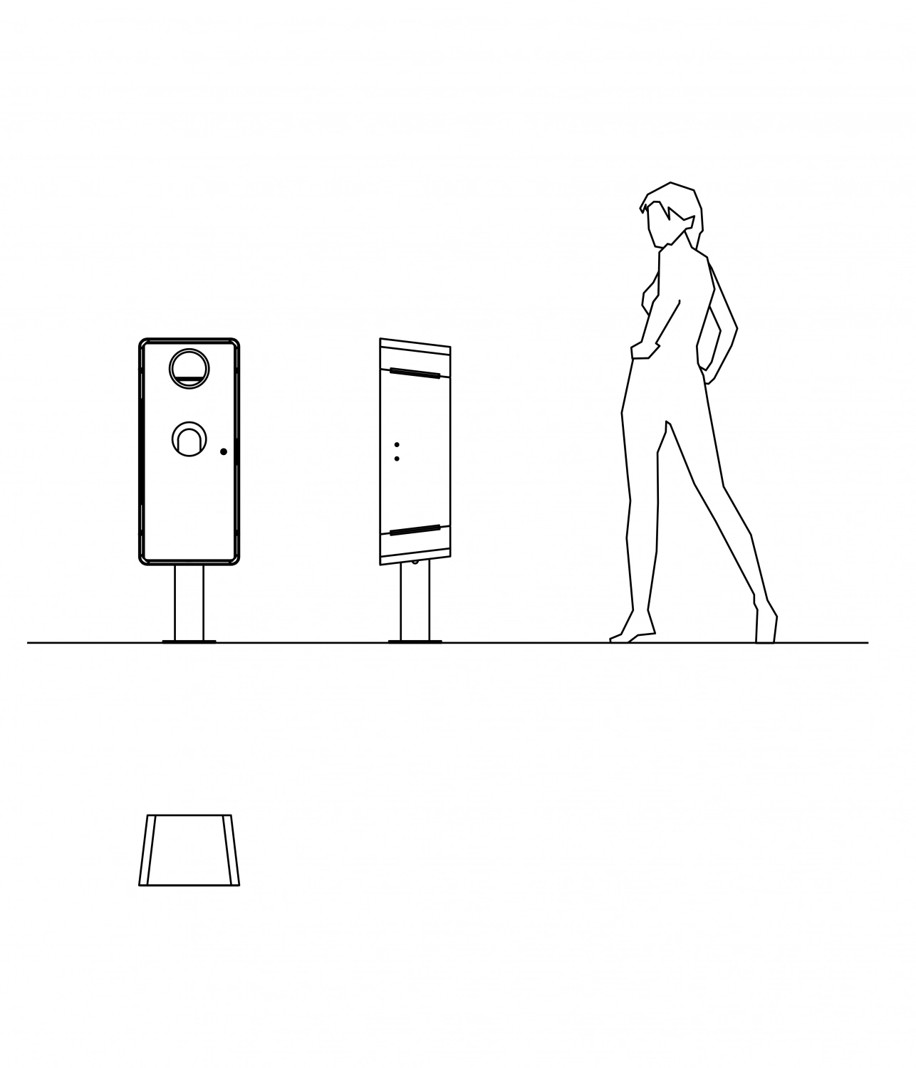gemini-dog-abfallbehaelter-03 Schematische Darstellung eines Mülleimers in verschiedenen Perspektiven. Eine gezeichnete Person dient als Größenvergleich.