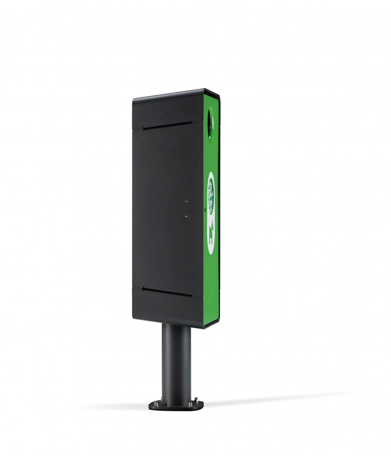 gemini-dog-abfallbehaelter-04 Seitenansicht eines schwarz-grünen Abfallbehälters auf einem schwarzen Roller.