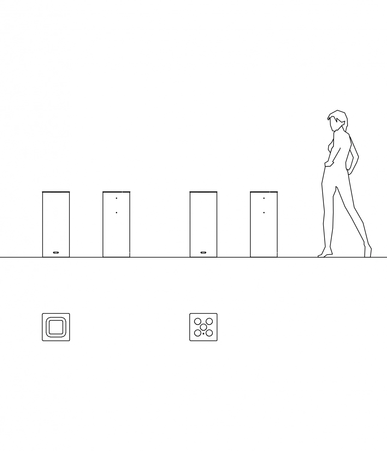 Eine minimalistische Illustration, die eine Person zeigt, die vor vier Ansichten eines Abfallbehälters steht. Unterhalb diesen wird die Draufsicht dieser abgebildet.