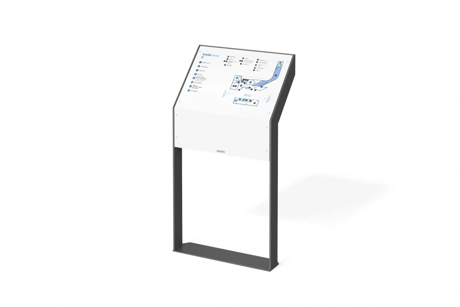 Alt-Text: Informationales Hinweisschild auf einem Ständer, mit einer grafischen Karte und Anweisungen zur Orientierung.