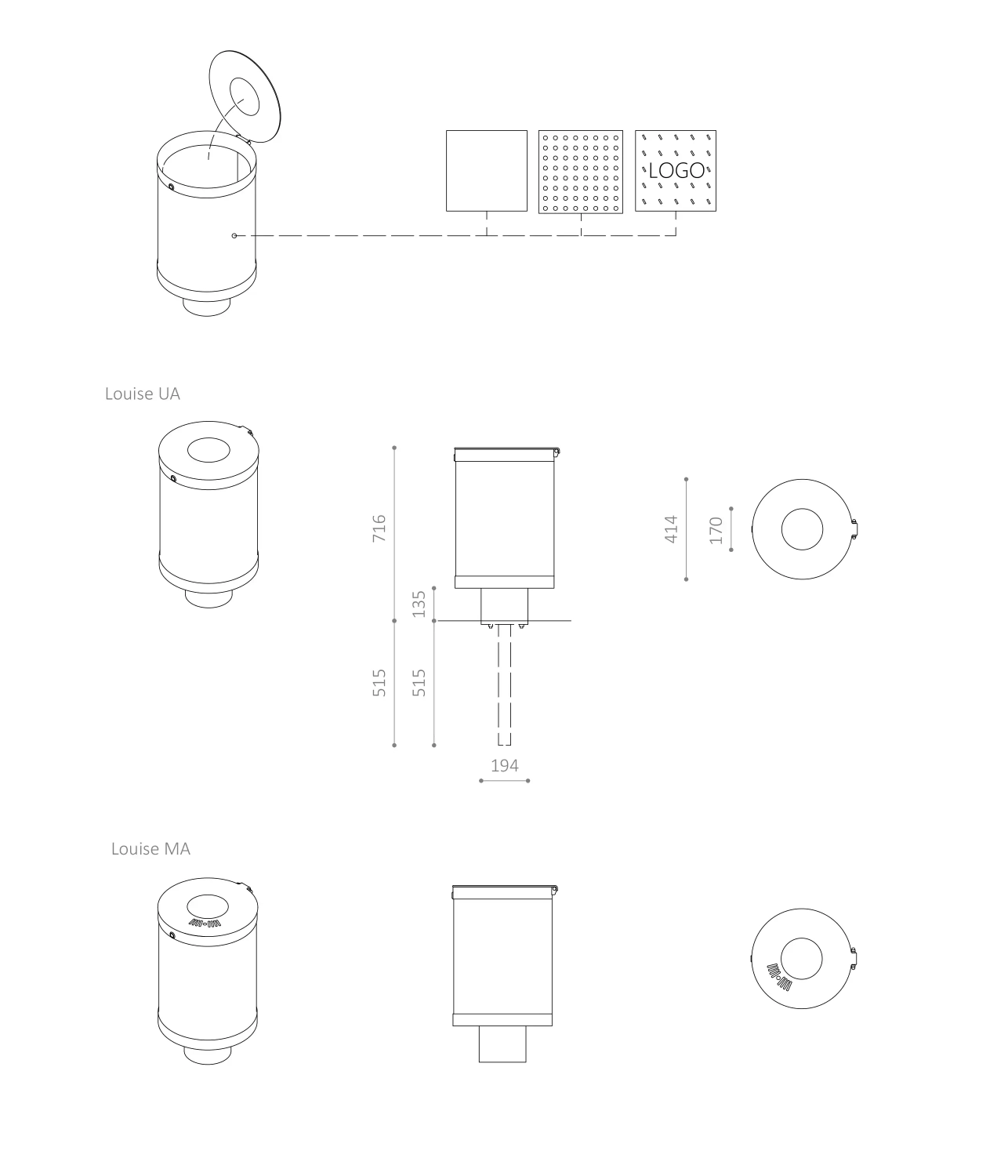 Technische Zeichnung eines Behälters mit Angaben zu Maßen und einem möglichen Logo-Design. Der Behälter hat verschiedene Ansichten und Maße für die Modelle "Louise UA" und "Louise MA".