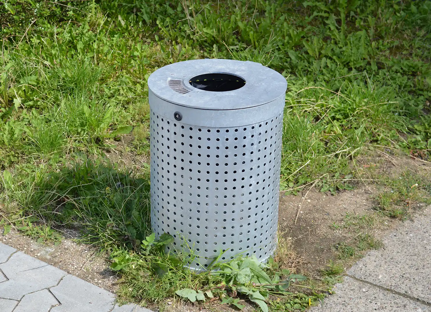 Ein runder, silberner Abfallbehälter aus Metall mit Löchern, auf einem Weg zwischen grünem Gras und Pflanzen.