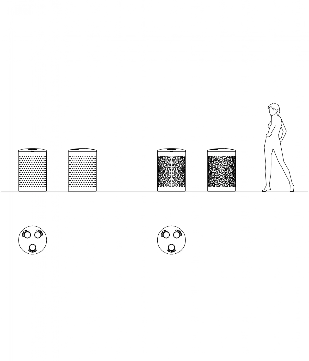 Eine stilisierte Darstellung eines silhouettierten Menschen, der an mehreren Mülleimern vorbeigeht. Die Mülleimer haben unterschiedliche Designs, und unten sind zwei Abbildungen von Müllsortierbehältern zu sehen.