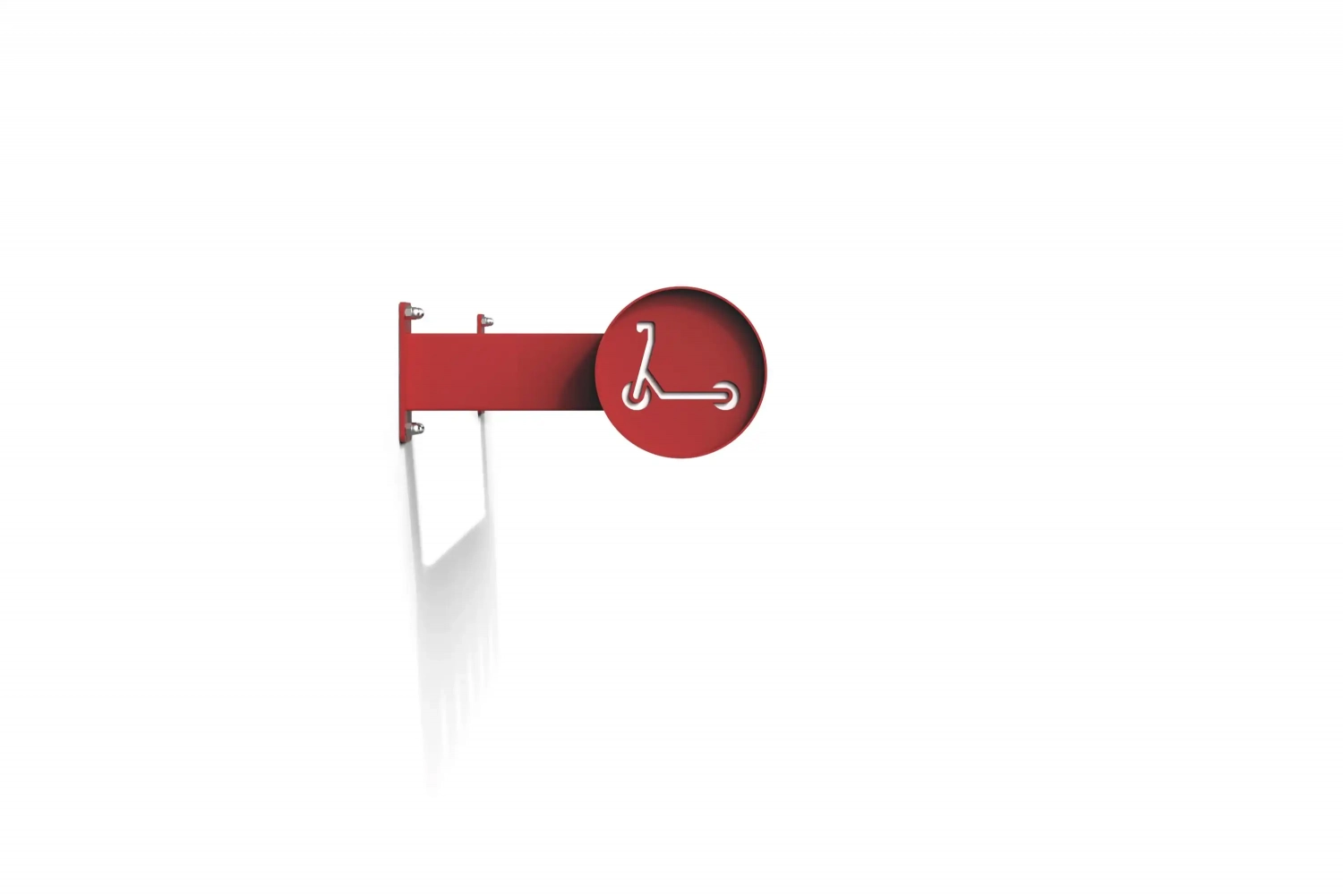 Alt-Text: Wandmontierte Halterung mit einem symbolischen Icon für Fahrräder oder Roller in Rot auf weißem Hintergrund.