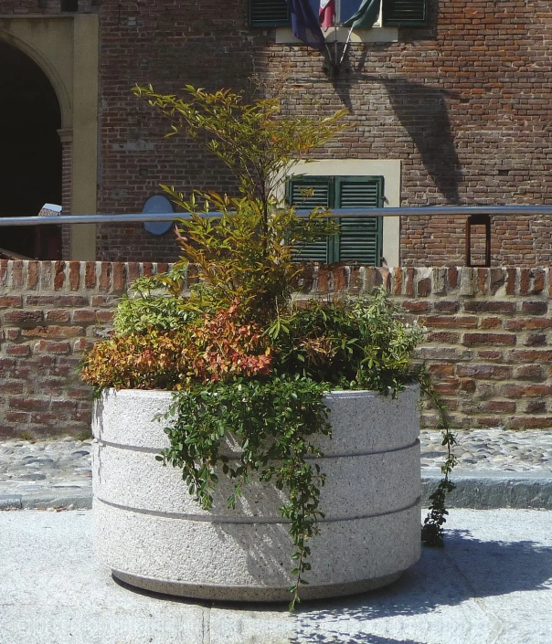 Alt-Text: Pflanzbehälter aus Beton mit üppiger Bepflanzung, der in einer urbanen Umgebung steht.