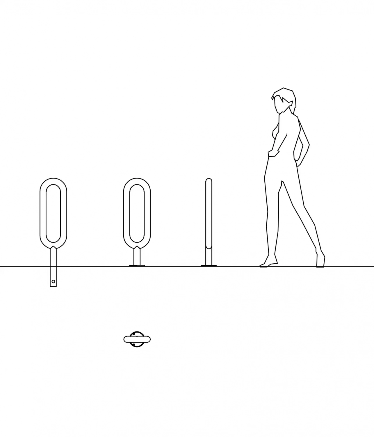 Alt-Text: Graue Skizze einer Person, die an einer Reihe von Fahrradständern vorbeigeht. Im Vordergrund sind Fahrradständer und ein Reifenpumpenplatz zu sehen.