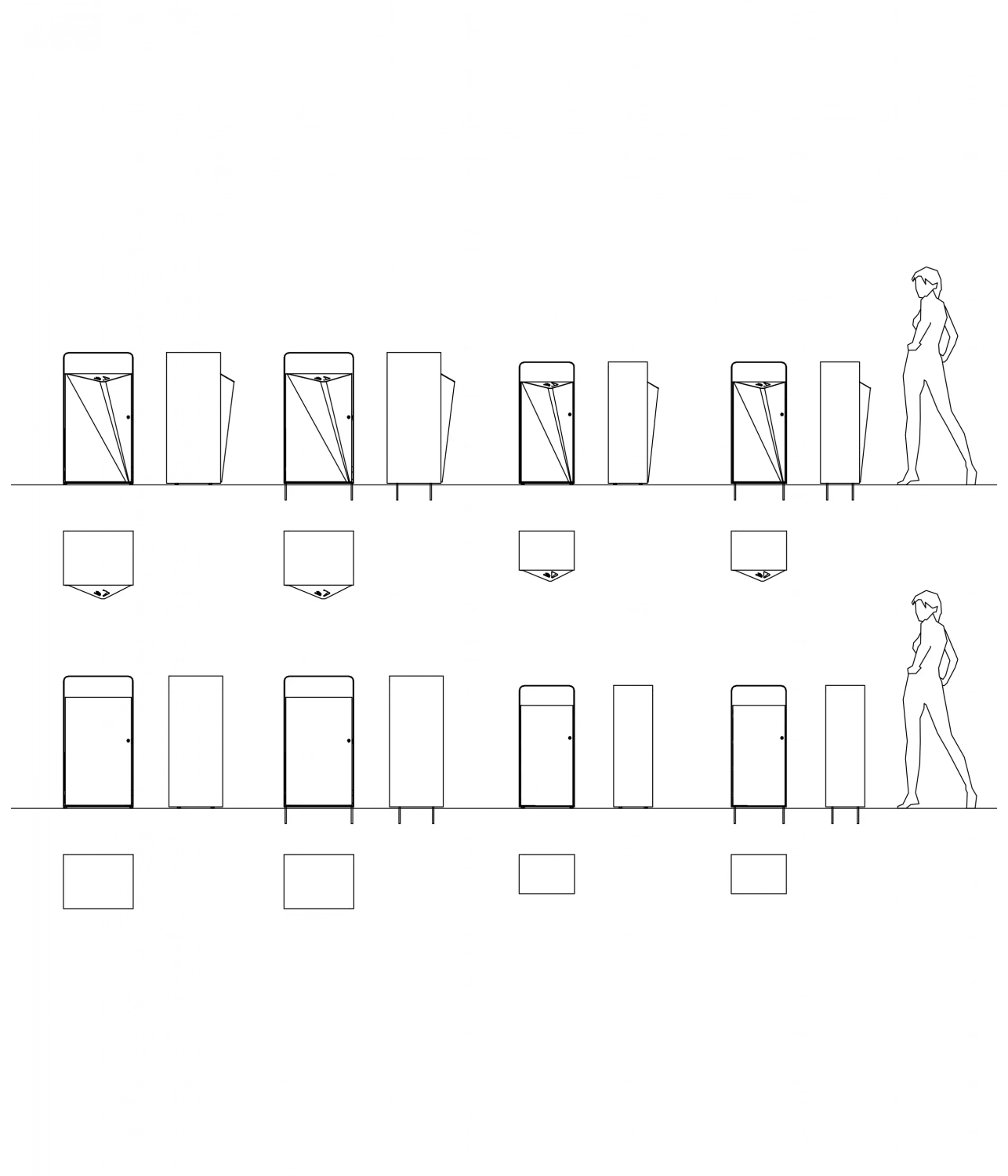 Skizze von verschiedenen Abfallbehältern mit einer stilisierten menschlichen Figur daneben. Die Abbildung zeigt unterschiedliche Ansichten und Perspektiven dieser, angeordnet in mehreren Reihen.