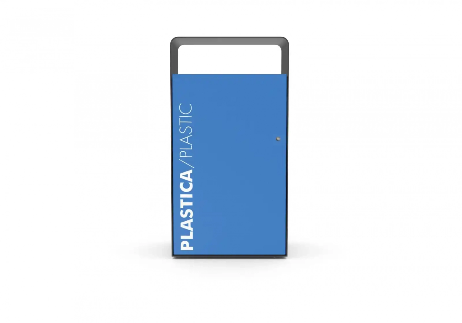 Blauer Abfallbehälter mit der Aufschrift "PLASTICA" und "PLASTIC" auf der Vorderseite.