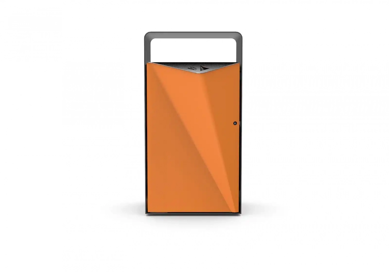 Moderner orangener Müllbehälter mit geometrischem Design und schwarzer Oberkante.