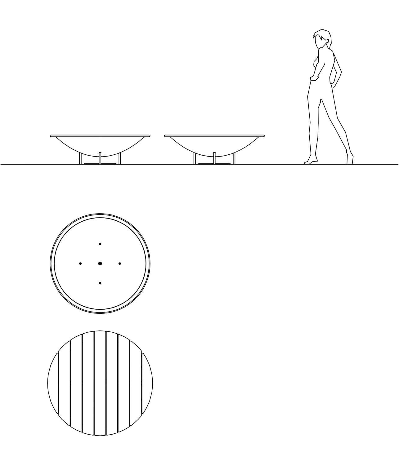 Alt-Text: Zwei moderne Pflanzbehälter in minimalistischer Form, begleitet von einer stilisierten Darstellung einer Person, die an ihnen vorbeigeht. Unten sind zwei Seitenansichten der Pflanzbehälter zu sehen.