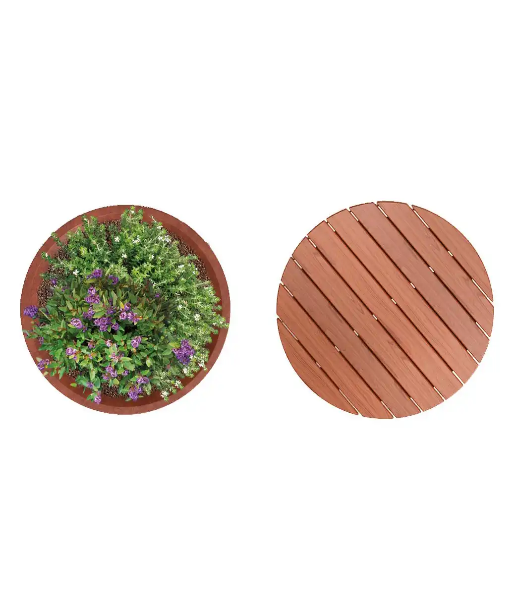 Alt-Text: Zwei runde Pflanzbehälter, einer mit bunten Blumen und frischem Grün, der andere mit einer eleganten Holzoptik.