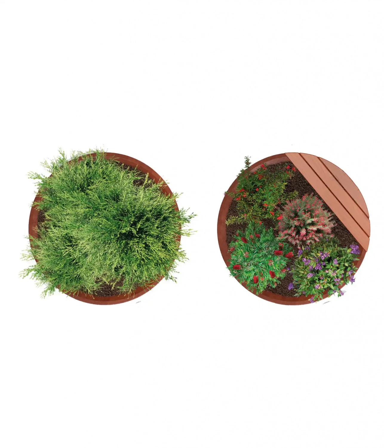 Alt-Text: Zwei runde Pflanzbehälter, einer mit bunten Blumen und frischem Grün, der andere teils mit einer eleganten Holzoptik.