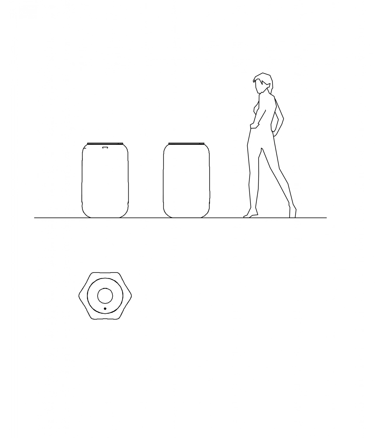 Eine stilisierte, minimalistischen Darstellung einer Person, die neben zwei großen zylindrischen Objekten steht. Unten ist eine sechseckige Form mit einem Punkt in der Mitte abgebildet.