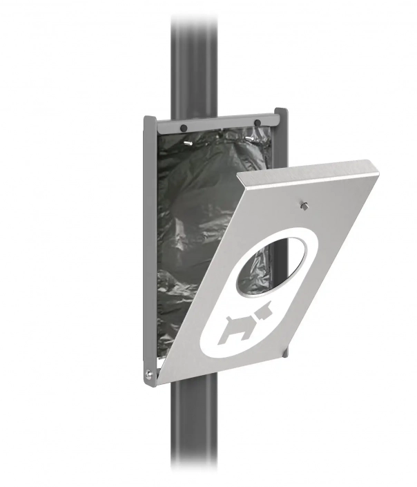 Abfallbehälter für Hundekot, montiert an einem Pfosten, mit einer Klappe und einem Symbol eines Hundes.