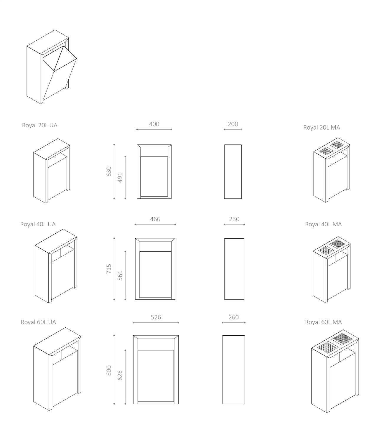 Technische Zeichnungen von Abfallbehältern, einschließlich unterschiedlichen Modellen und Abmessungen.