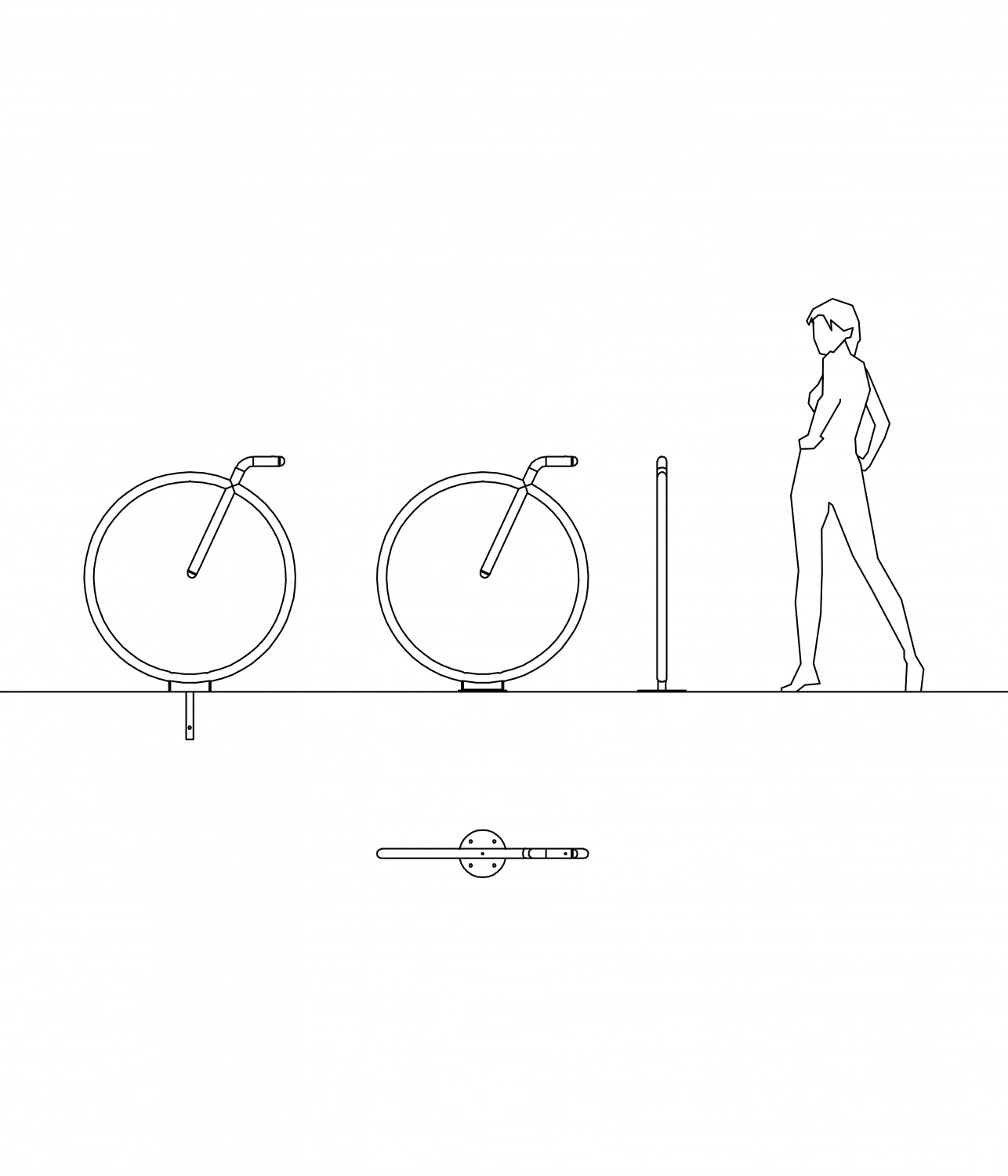 Schematische Abbildung eines modernen Fahrradständers, welcher in der Seitenansicht dem Reifen und der Gabel eines Fahrrads ähnelt.