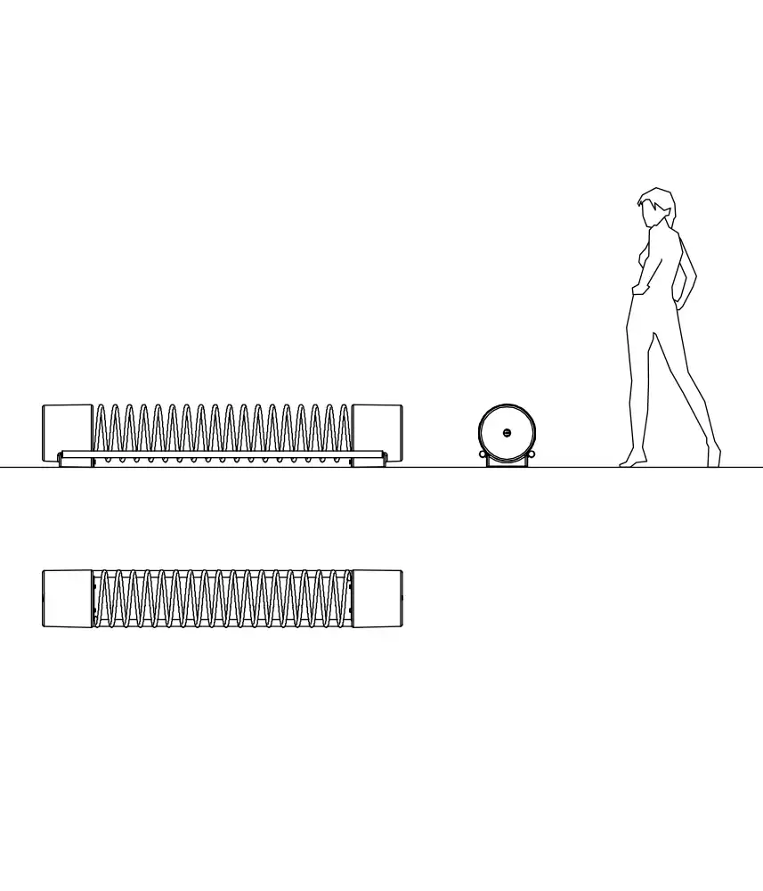 Alt-Text: "Skizze eines modernen Fahrradständers mit integrierter Reifenpumpe, neben einer stilisierten Person."