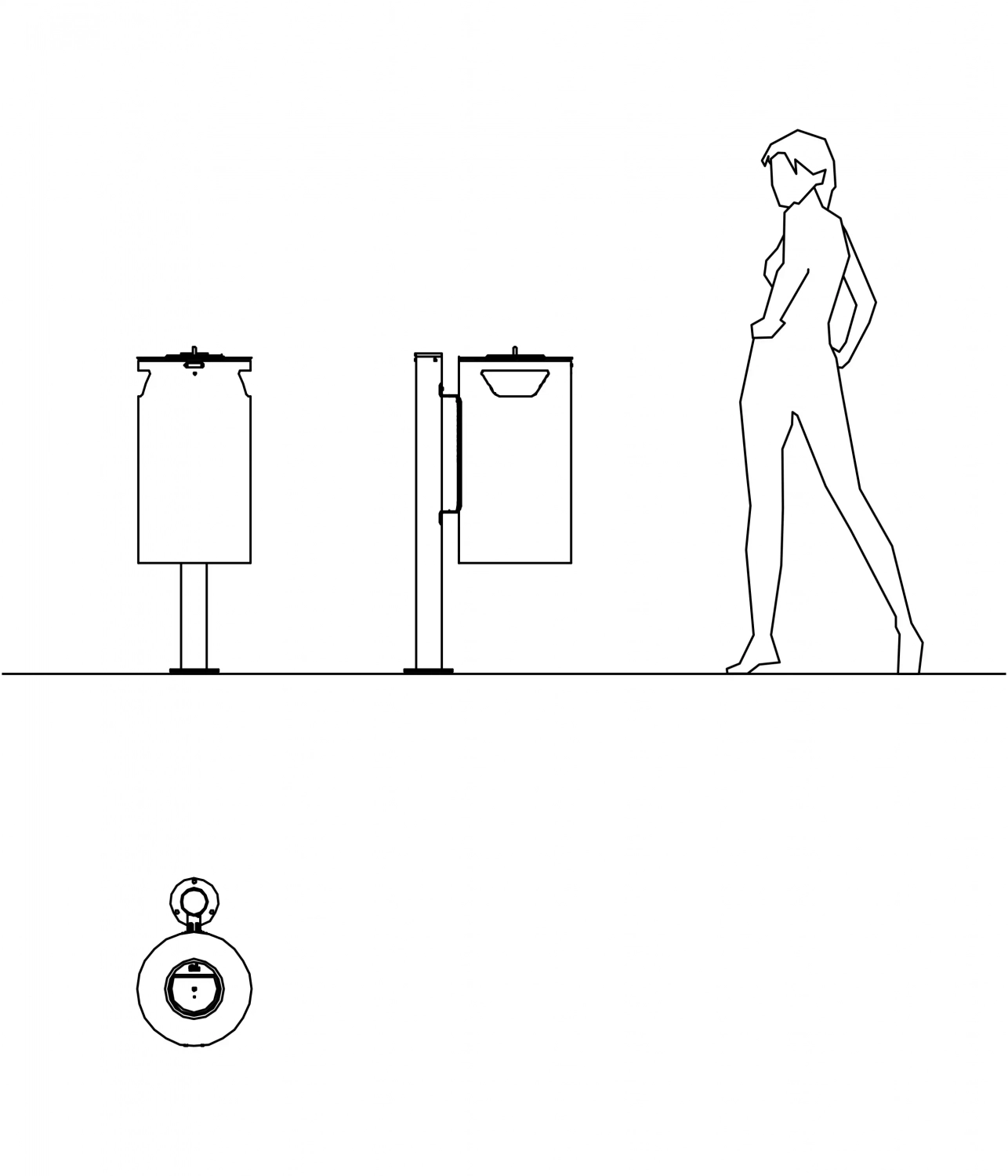 spencer-abfallbehaelter-07 Eine minimalistische Illustration zeigt eine stehende Figur neben zwei Ansichten eines Abfallbehälters.