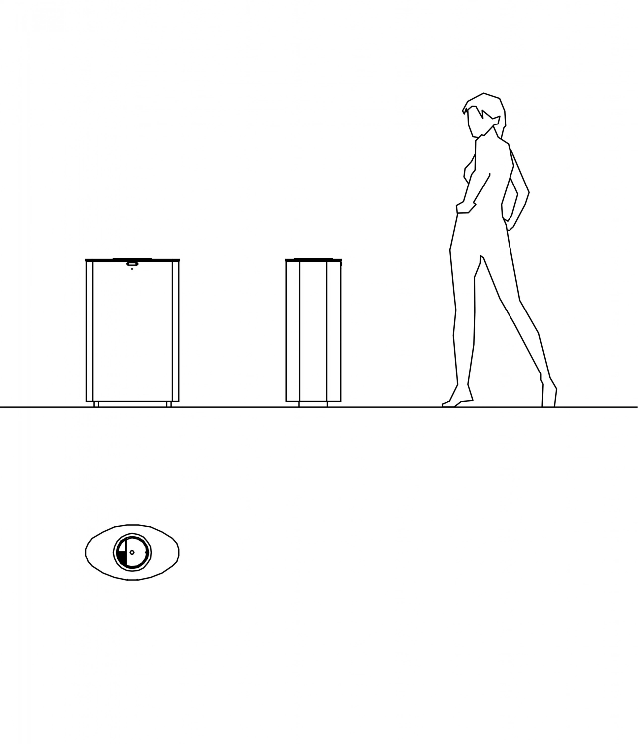 spencer-abfallbehaelter-10 Eine skizzierte Figur steht neben zwei unterschiedlichen Ansichten eines Abfallbehälters.