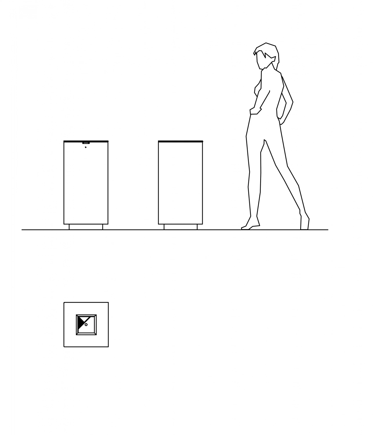 spencer-abfallbehaelter-11 Eine skizzierte Figur steht neben zwei unterschiedlichen Ansichten eines Abfallbehälters.