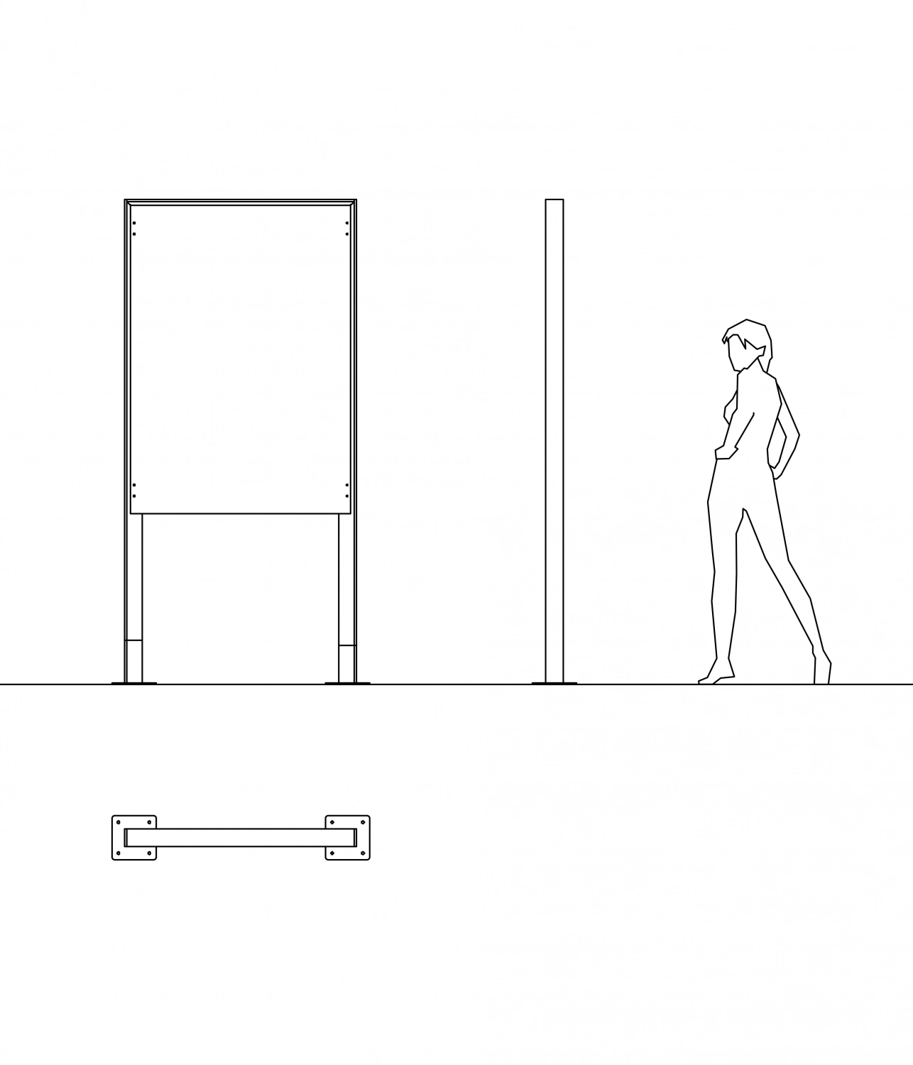 Alt-Text: Linienstudie einer Person, die an einem Hinweisschild steht, neben einem weiteren Pfosten, mit einem Schilderrahmen unten.