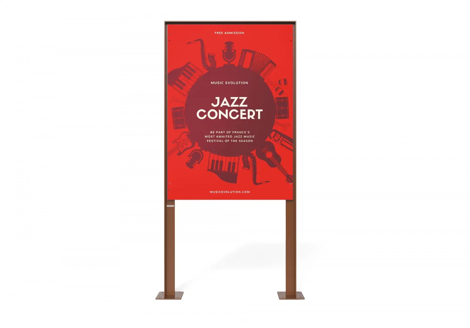 Alt-Text: Rotes Hinweisschild für ein Jazz-Konzert mit Musikmotiven und dem Schriftzug "Free Admission" sowie Website-URL.