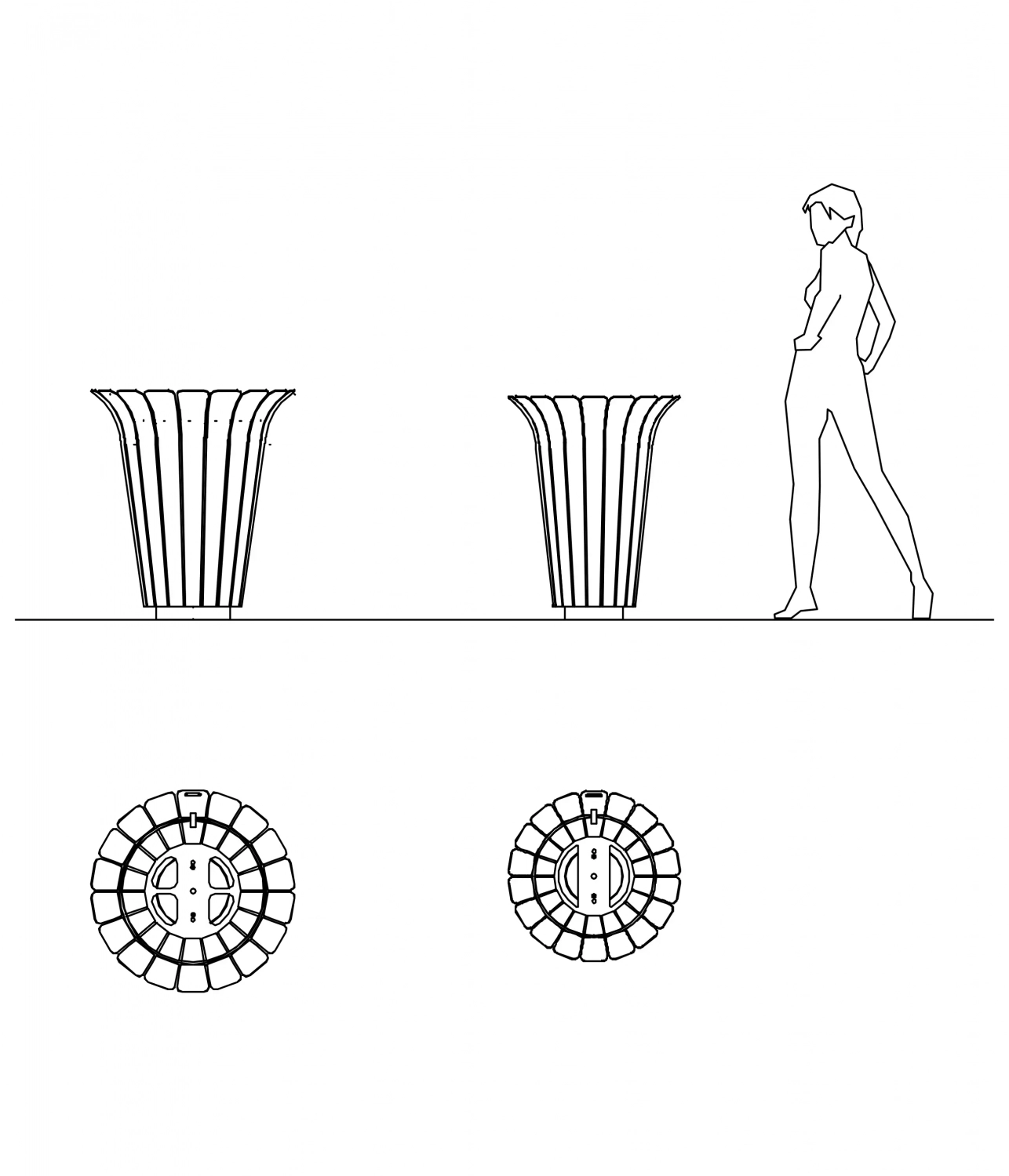 tulip-abfallbehaelter-04 Skizze von zwei unterschiedlichen Abfallbehältern neben einer stehenden Person, mit Detailansichten der Behälter von oben.