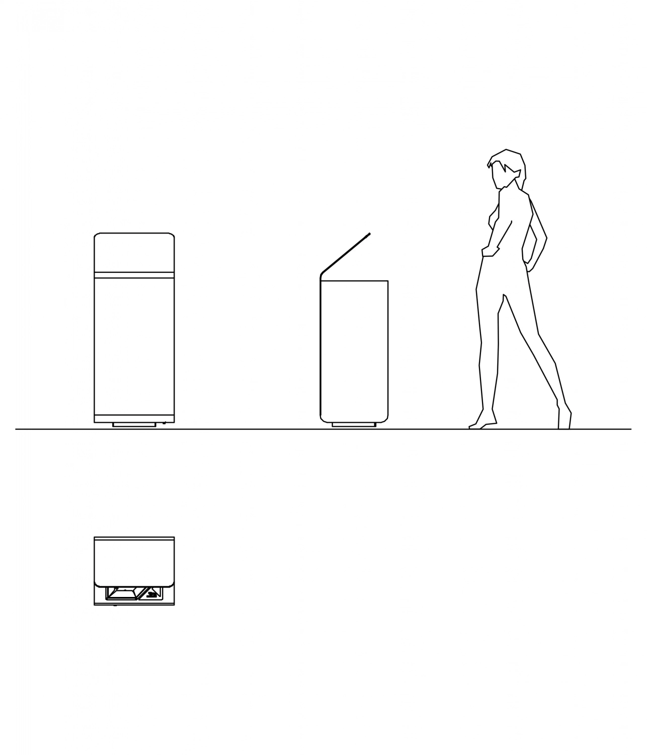 yes-abfallbehaelter-03 Technische Zeichnung eines Müllbehälters mit einem menschlichen Umriss daneben, der die Größe und Form des Behälters veranschaulicht.